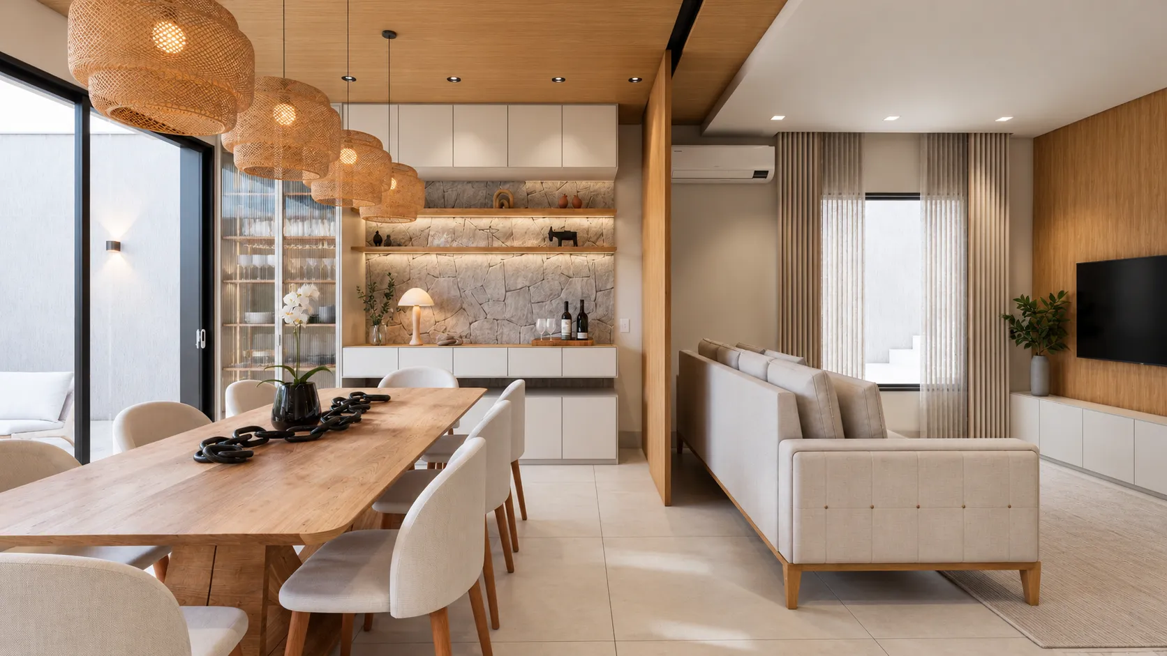 Jantar integrado à sala, com mesa de madeira e pendentes de fibra