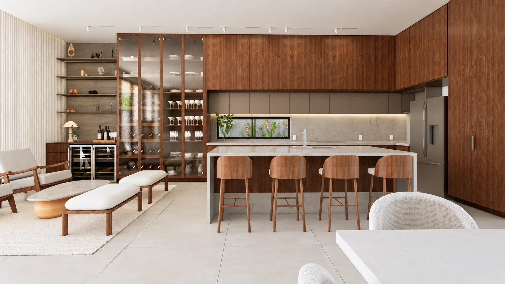 Espaço gourmet com adega envidraçada e ilha com banquetas